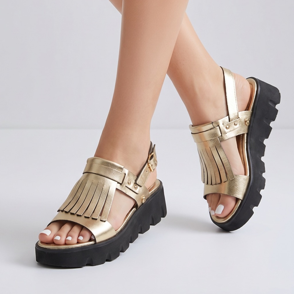 Nila & Nila Metallic Gold Soft Leather Fringe Comfort Flat Platform Sandals